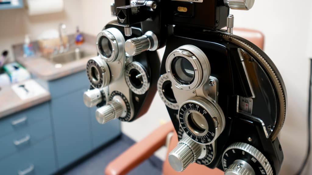 Close-up of a phoropter in an examination room